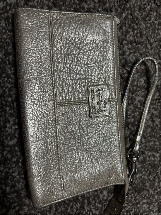 Coach Handbags - Coach Metallic Silver Leather Wristlet Clutch